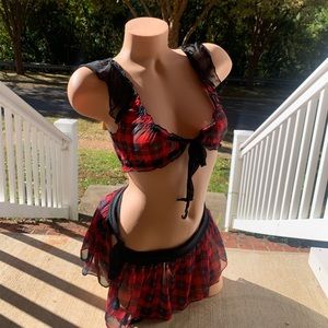 Sexy See-through Red Black Mesh Lace Ruffle Bra Skirt Plaid Tartan Lingerie Set